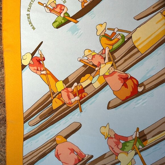 Hermes Silk "Marche Flottant Du Lac Inle II" Scarf Tangerine Color w Blue - Picture 14 of 16